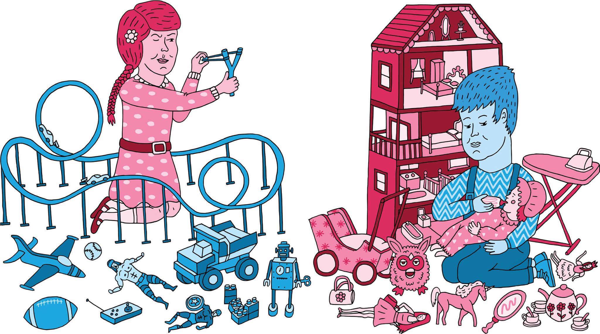 stylised drawing of a young boy (coloured blue) playing with stereotypically girly toys coloured pink. to the left on him is a pink coloured girl playing with blue coloured boys toys. this is against a white background.