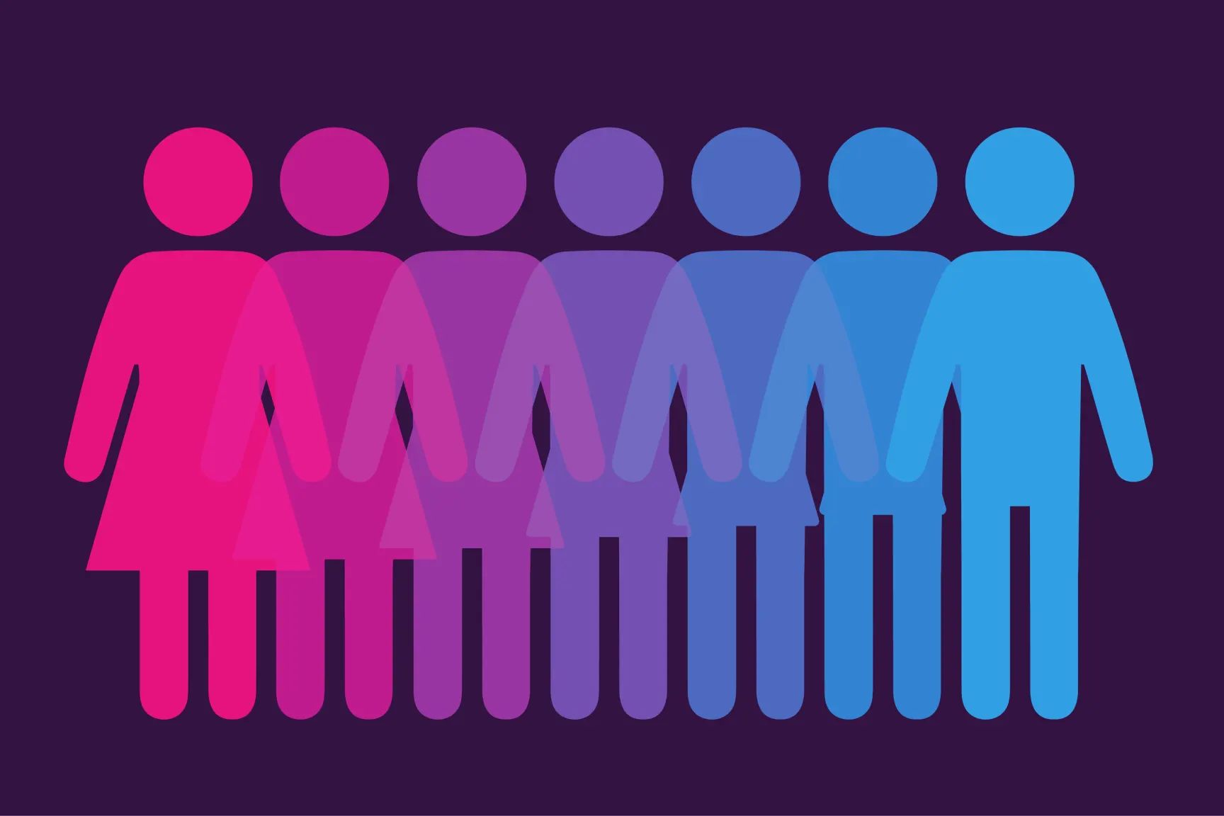 dark purple background. foreground fading hot pink women becoming less stereotypically feminine silhouette as colours fade to purple then blue where becomes a dude outline. .