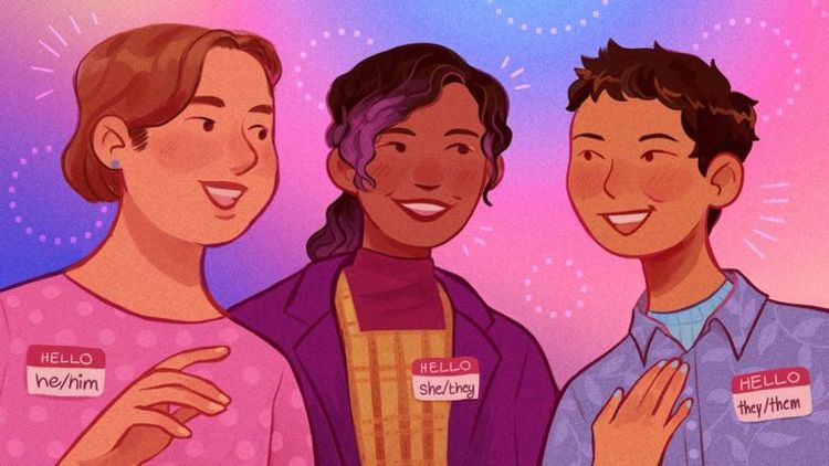 drawing showing three teenagers, from left to right: a man wearing a pink top (with a badge with he/him pronouns). he has short hair and earrings. in the middle is someone with long curly pirple hair wearing a purple jacket and yellow overalls wearing a she/they badge. and on the right is a person wearing a light blue shirt and nail polish and darker blue collered shirt (with leaf pattern in lighter blue). they also have short hair. all three seem happy. they are against a background with pink blue and purple ombre with lines and dots in more translucent white. 