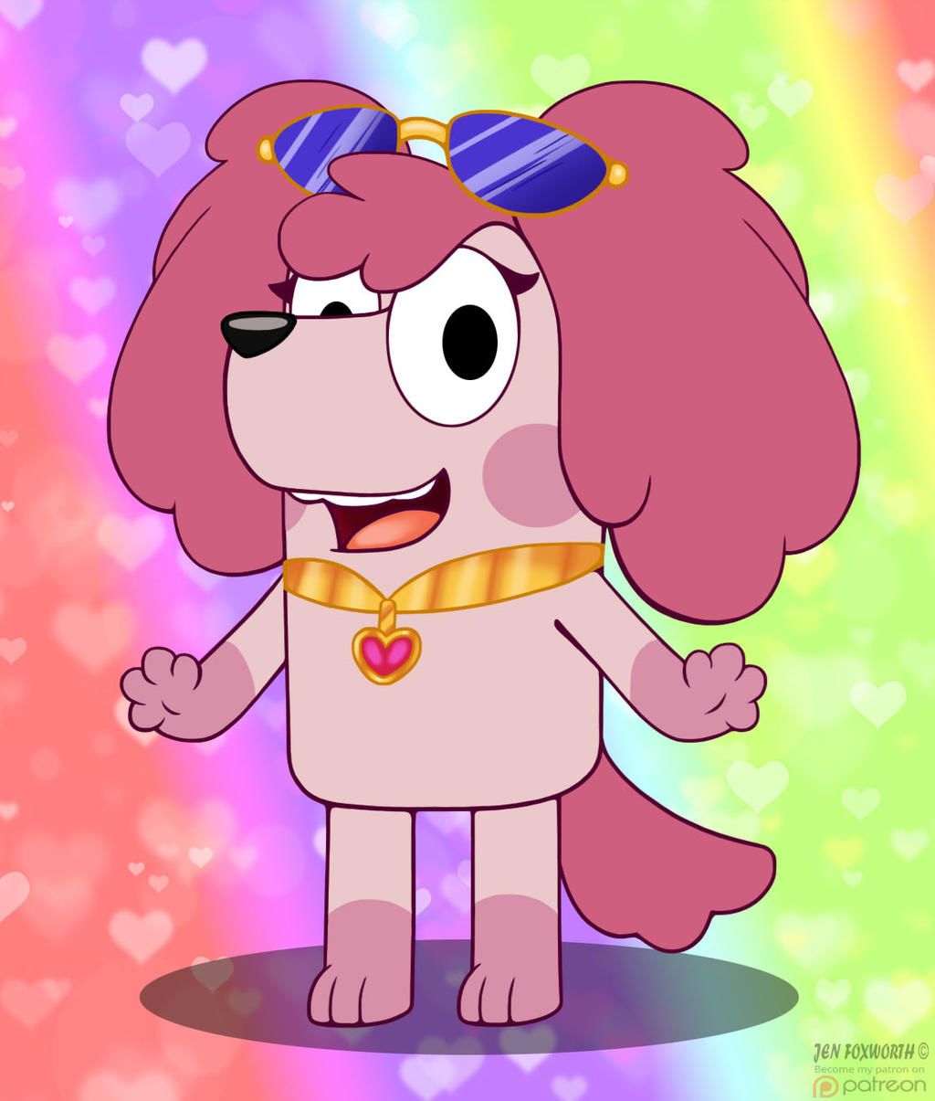 image of Poochy from the cartoon Bluey. They are a pink cartoon dog wearing a gold heart necklace and gold sunglasses. this is stylized against a rainbow background with translucent hearts.