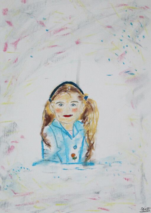 Image showing a drawing done of a five year old girl, by a five year old. on white background with dots of colour.
