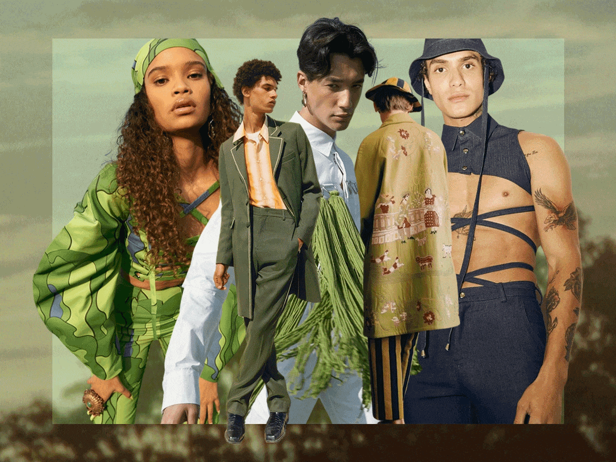 figure showing five different poeple wearing non traditionally gendered clothes, all green
