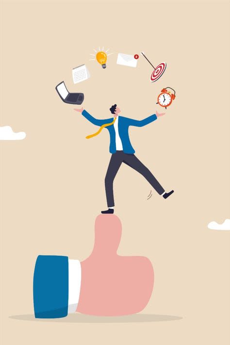 digital drawing of a man juggling a computer, his work, a lightbulb, emails, a target and a clock. whilst balancing on one leg on a thumbs up emoji. he is wearing black pants and shoes, white socks and shirt, a navy blue blazer and yellow tie.